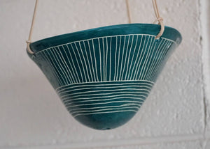 Directional Line Hanging Planter in Glazed Teal & White