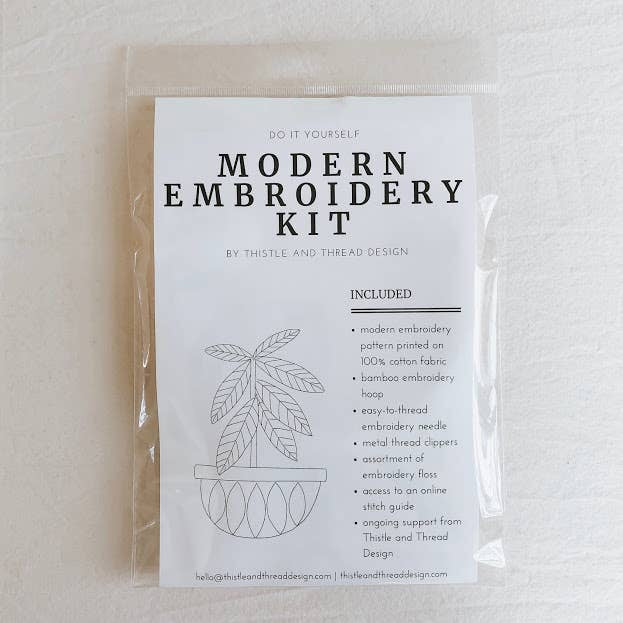 Packaged modern embroidery kit listing contents